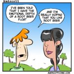 A colorful comic shows two people talking outside with grass, trees, and a blue sky in the background. On the right, is a woman with dark hair. On the left, a man with orange hair says: "I've been told that I have the emotional depth of a root beer float, and I'm really hoping that you like root beer."