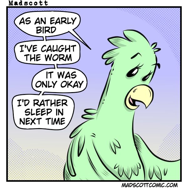 A cartoon shows a tired-looking green bird speaking. The bird says, "As an early bird, I've caught the worm. It was only okay. I'd rather sleep in next time."
