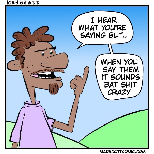 A cartoon man with short curly brown hair, a goatee, and a purple shirt raises a finger as he speaks. He says, “I hear what you’re saying but... when you say them it sounds bat shit crazy.”