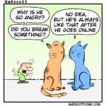 A small, angry person is yelling and flailing their arms in frustration. In the foreground, two calm cats sit next to each other, watching him. One cat asks, “Why is he so angry? Did you break something?” The other replies, “No idea, but he’s always like that after he goes online.” The background is simple and uncluttered, keeping focus on the contrast between the angry character and the relaxed cats.