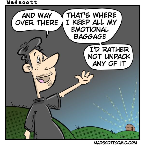 A comic panel shows a man standing on a grassy hill at dusk, gesturing toward the distance with a relaxed smile. In the far background, a small suitcase sits on another hill, glowing softly. The man says, “And way over there—that’s where I keep all my emotional baggage.” In a second speech bubble he adds, “I’d rather not unpack any of it.”