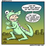 A frightened man in a green, cartoonish dinosaur costume towers over a simplified cityscape. The costume has big googly eyes, sharp teeth, and pink spikes down the back. Small boxy buildings and a tiny car sit below him. Looking anxious, the man speaks through two speech bubbles: “Can we please talk about my motivation? I’m just not sure why I’m smashing the city.” The background shows a gradient sky from blue to yellow.