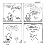 A four-panel black-and-white comic labeled “Madscott.” Panel 1: A scruffy, bearded man looks frustrated while talking to a simple, triangular-faced cat. He says, “It’s all right there in front of us. Now if we could just do something!” Panel 2: The man continues, looking exasperated: “How is it we are collectively this stupid. We’re pointing right at the thing we need to fix and yet we continue to hope it goes away.” The cat looks on calmly. Panel 3: The man sighs and says, “Sorry cat, I’m just not sure what else I can do.” The cat sits beside him. Panel 4: Close-up of the cat with a thought bubble that reads, “Have you tried peeing in their shoes?” The year “2026” appears below the strip.