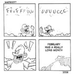 A four-panel black-and-white comic labeled “MadScott,” dated 2026. Panel 1: A bearded man stands outdoors among snowbanks, shaking his fist and shouting “FFFFFFUUUU,” expressing frustration. Panel 2: He continues yelling, “UUUUCCCC,” still visibly angry. Panel 3: Close-up of the man with clenched teeth and several exclamation marks around his head, emphasizing his rage. Panel 4: A peaceful view of the earth from space. Text reads: “February was a really long month.”