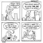 A four-panel black-and-white comic by Madscott,. The recurring bearded man character appears throughout in an urban setting with buildings in the background. Panel 1: He looks exasperated and exclaims "What the everlovin' fuck." Panel 2: He gestures toward the distance and says "This space should be more 'HA HA' then it is lately." Panel 3: His eyes go wide in alarm as he throws up his hands and shouts "Oh shit! Is this a slice of life comic!" Panel 4: He has flung himself to the ground mid-tumble, legs in the air, saying "Quick! I need to fall down a ladder or something.".