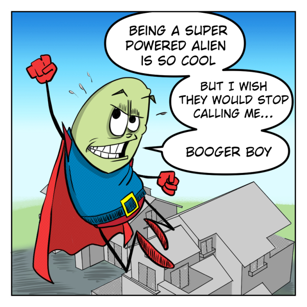 A Madscott comic showing an angry green alien creature in a blue shirt pleading: "If you would just listen for one minute — we all want the nice things. But we can't play with them if you make it all radioactive."