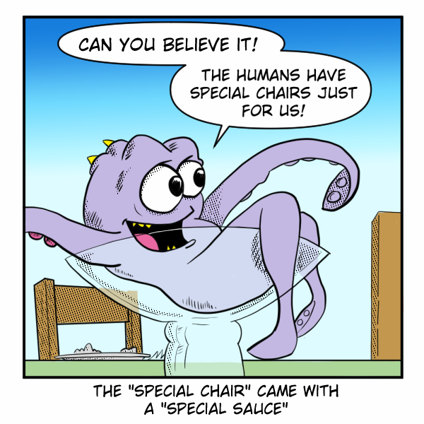A Madscott comic showing an excited purple multi-tentacled alien sitting in what appears to be a toilet, exclaiming "Can you believe it! The humans have special chairs just for us!" The caption reads: 'The "special chair" came with a "special sauce."'